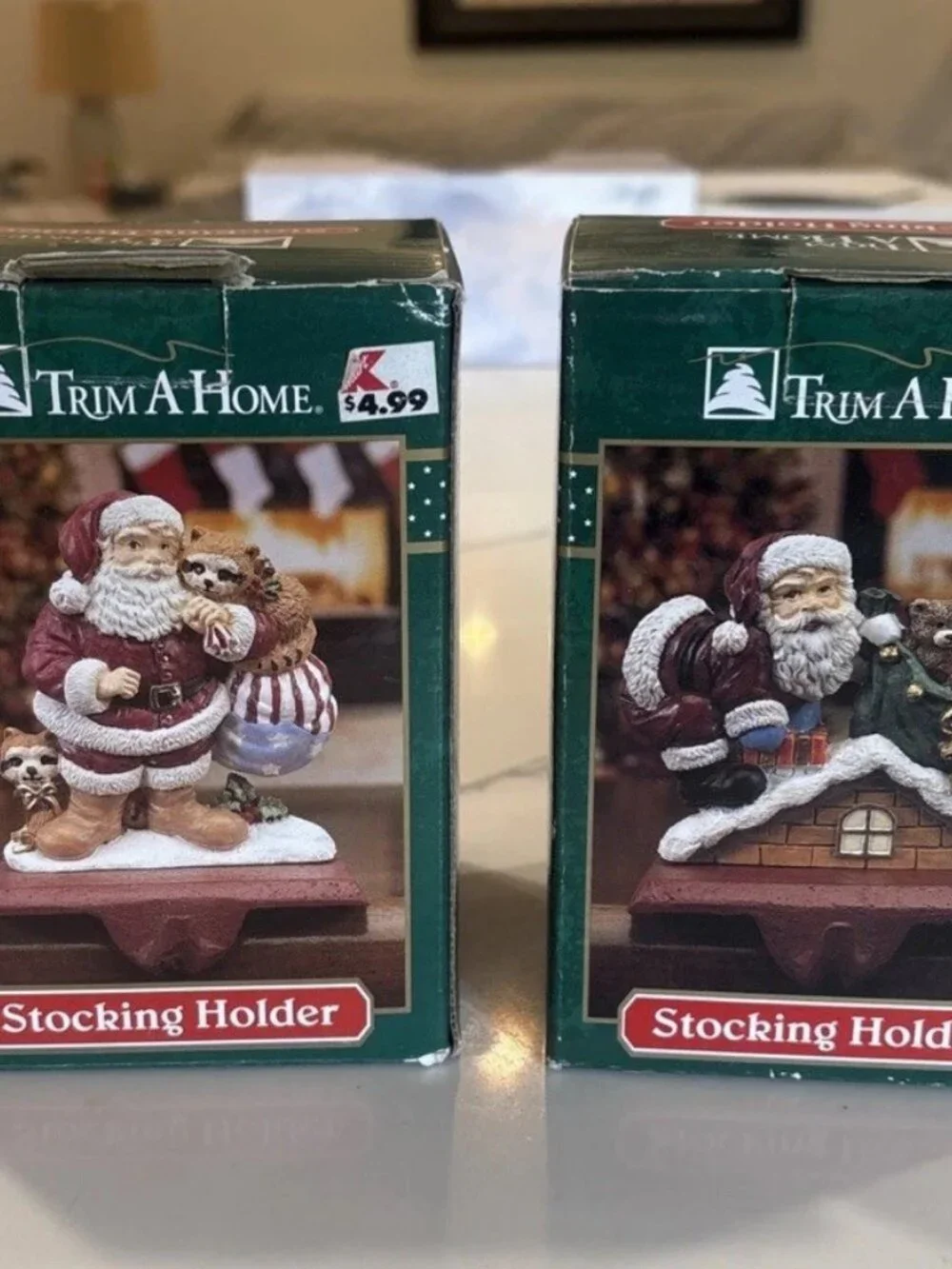 2 Vintage Trim a Home Cast Iron and Resin Stocking Holder Santa Claus & Snowman